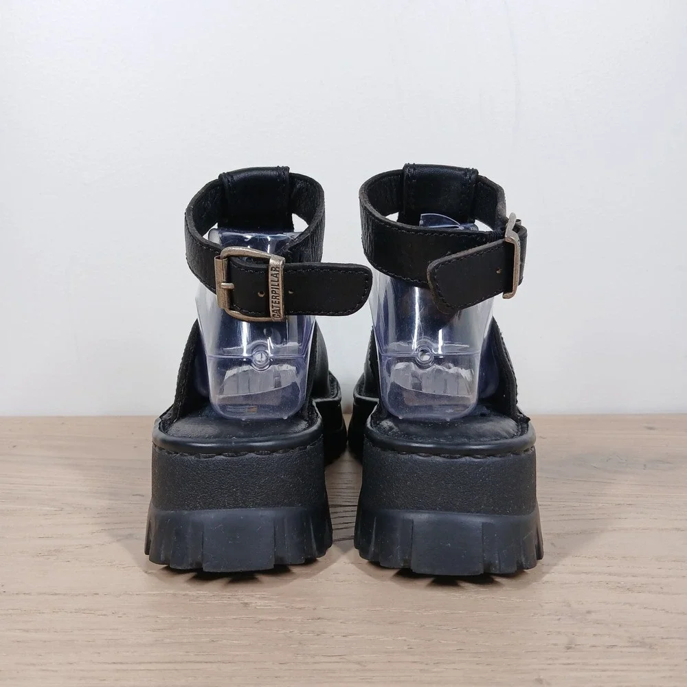 RARE Caterpillar CAT Y2K Black Leather Platform Sandals Women 8 Lug Ankle Strap